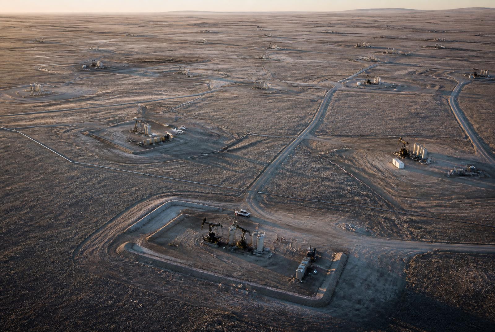 Vista aérea de un campo de producción de petróleo y gas con plataformas y líneas de recolección