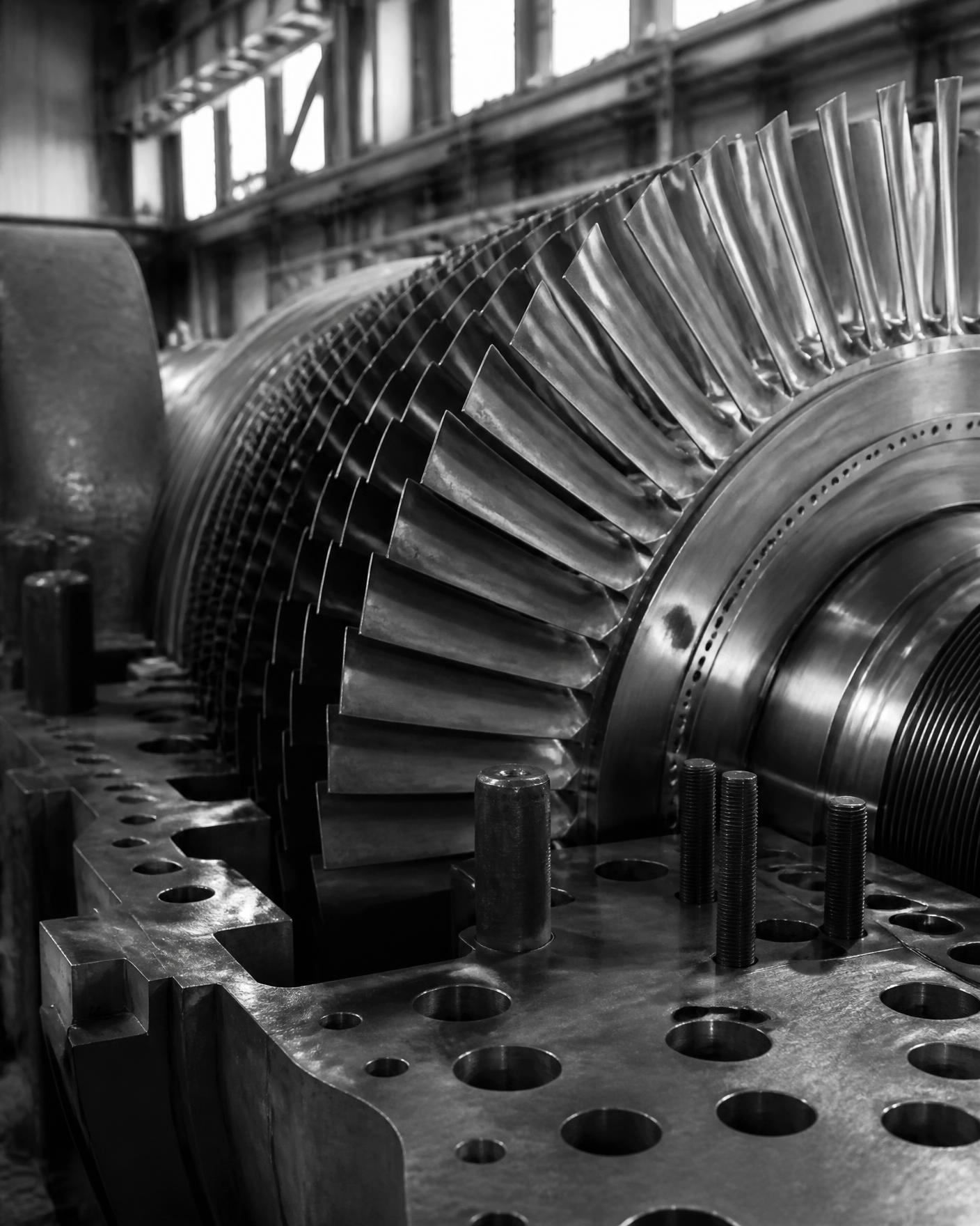 Detalle de rotor y álabes de turbina en una sala de máquinas, fotografía en blanco y negro.